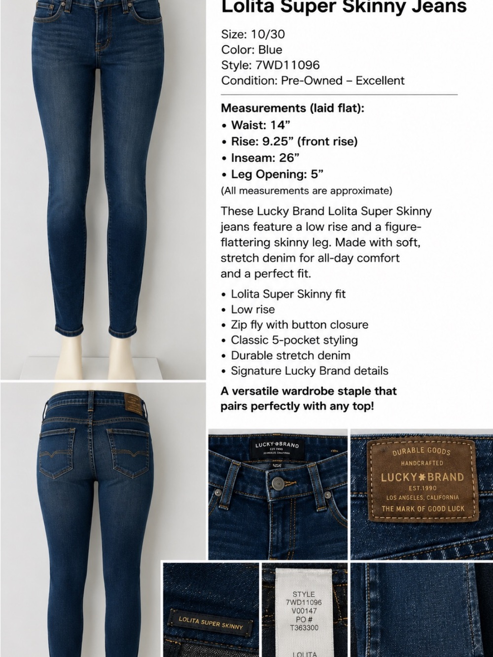 Lucky Brand Lolita Super Skinny Jeans - Dark Blue Wash Size 10/30